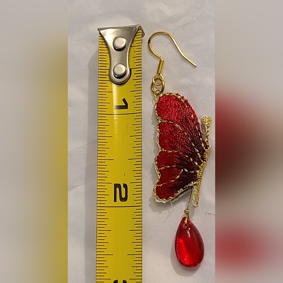 STERLING SILVER GOLD PLATED EMBROIDERED BUTTERFLY WINGS GLASS TEARDROP EARRINGS - Picture 9 of 9